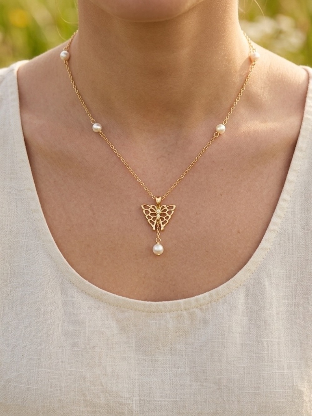 Gold Butterfly Pendant Necklace with Pearls